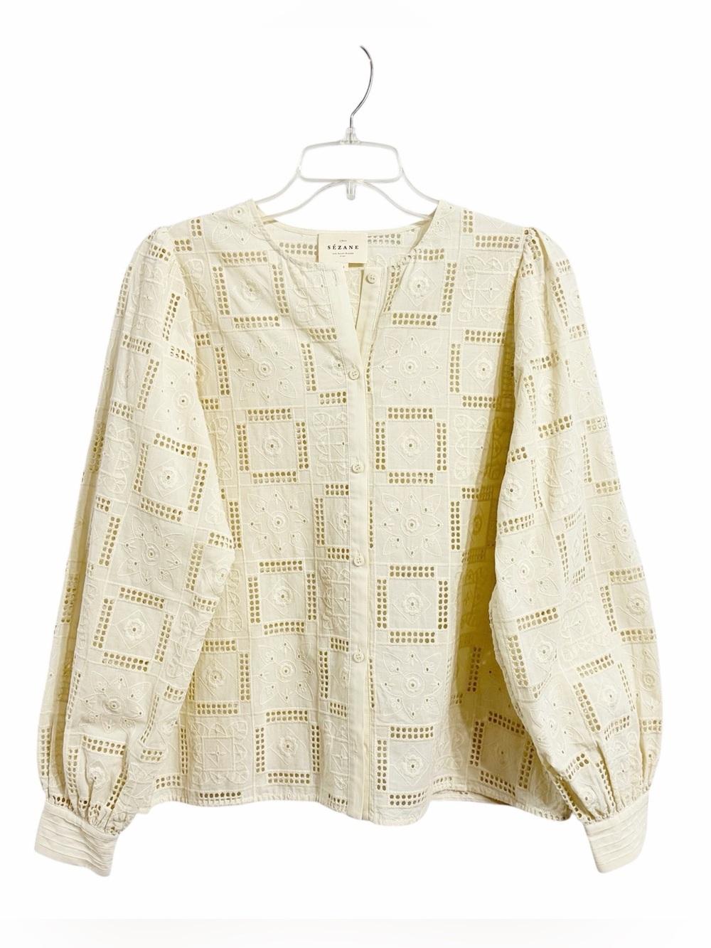 Sezane Amerie Cottage Embroidered Eyelet Blouse US6 Ecru NWOT Boho Euro Summer
